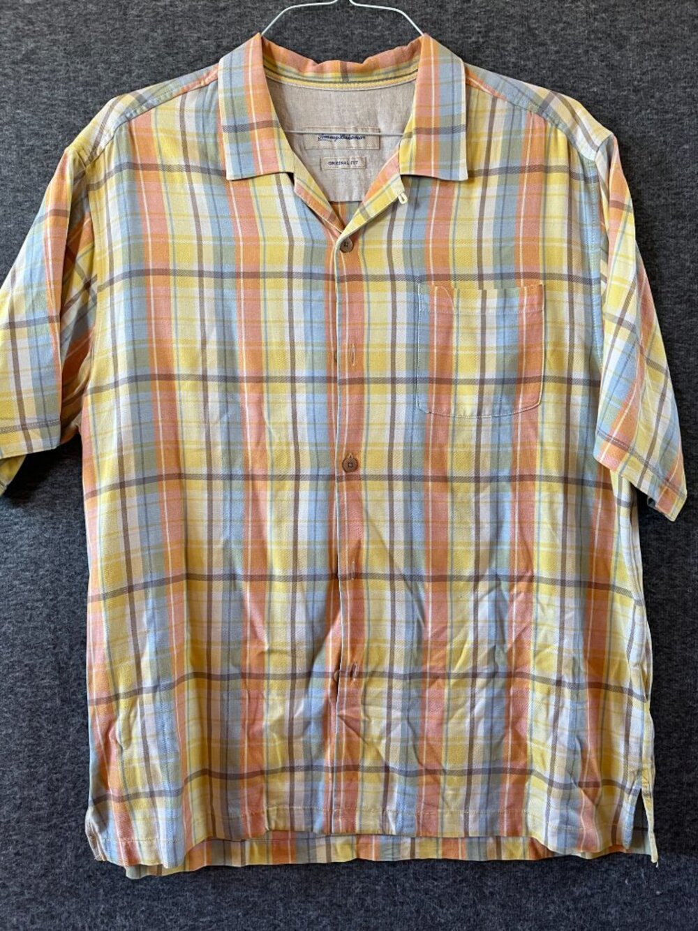 tommy bahama 100% silk mens yellow orange plaid beach camp cruise hawaiian
